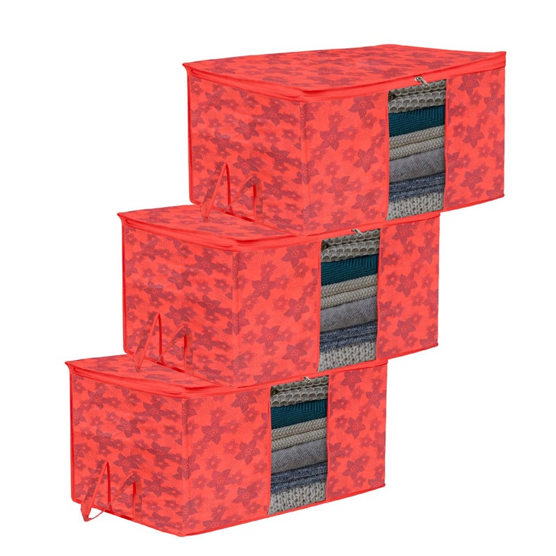 Kuber Industries Underbed Storage Bag Clothes Storage Bag Blanket Cover with Clear Window Zipper Closure Handle Cloth Organizer New FlowerDesign Large Pack of 3 Red - Image 1