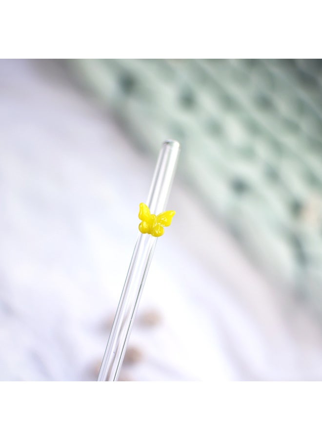 Custom Colorful Butterfly Glass Straw Eco-friendly Heat Resistant Reusable Milk Drink Transparent Elbow-Color:Yellow 7-Specifications:0.8*20CM - Image 1