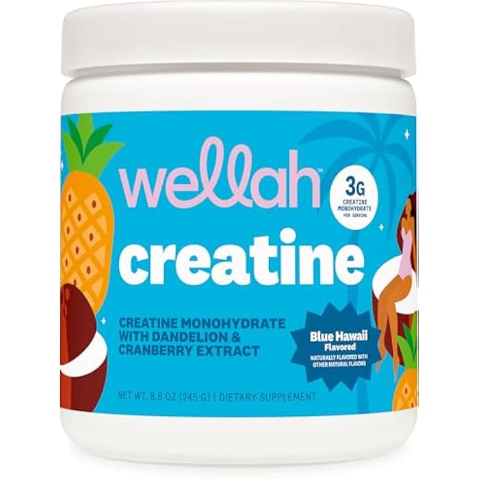 Wellah Creatine for Women (50 Servings) Blue Hawaii - 3g of Creatine Monohydrate Powder with Dandelion & Cranberry Extract - Image 1