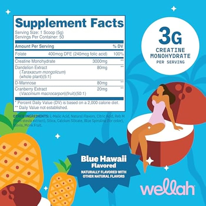 Wellah Creatine for Women (50 Servings) Blue Hawaii - 3g of Creatine Monohydrate Powder with Dandelion & Cranberry Extract - Image 2