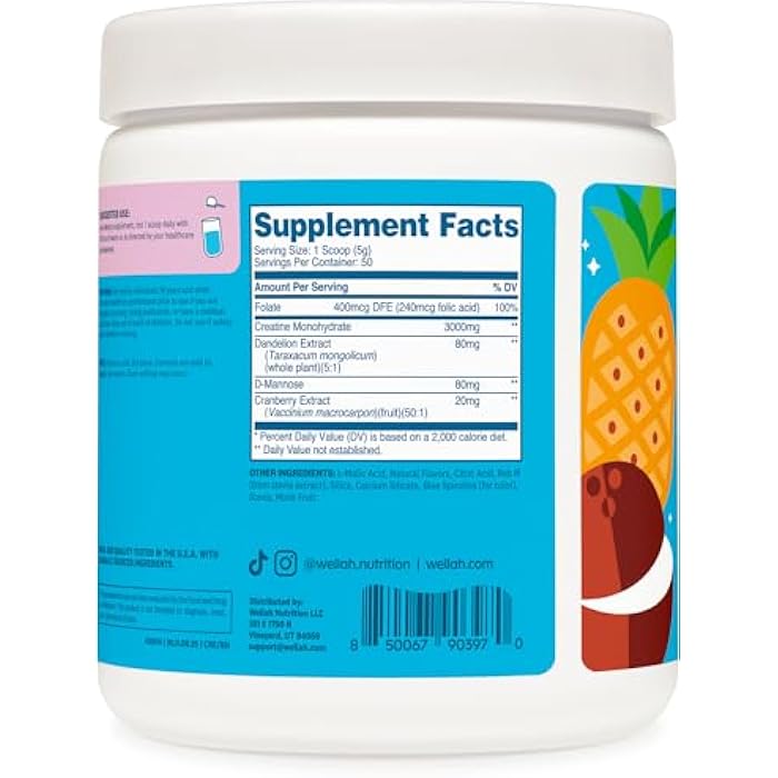 Wellah Creatine for Women (50 Servings) Blue Hawaii - 3g of Creatine Monohydrate Powder with Dandelion & Cranberry Extract - Image 4