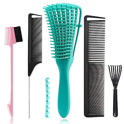 MISSUHUI 5 Pcs Detangling Hair Brush Set, Ez Detangler Brush With Edge Brush, Rat Tail Combs for Black Natural Hair Styling and Cuting, Curly/Straight/Wet/Dry/long/Short Hair Available for Women Kids Men - Image 1