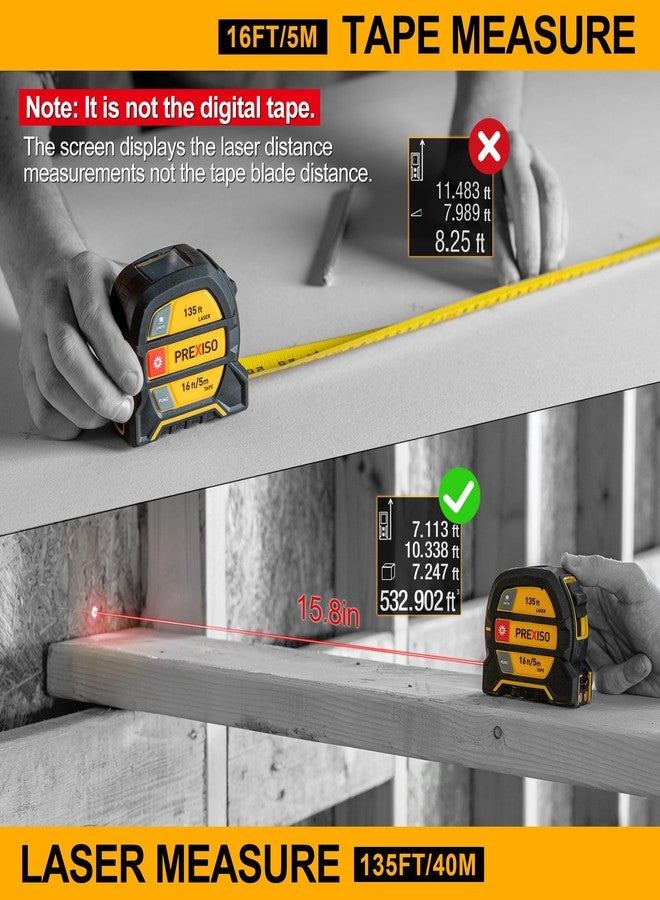 PREXISO 2-in-1 Laser Tape Measure, 135Ft Rechargeable Measurement Tool & 16Ft Measuring Movable Magnetic Hook - Pythagorean, Area, Volume, Ft/Ft+in/in/M Unit NOT Digital - Image 2
