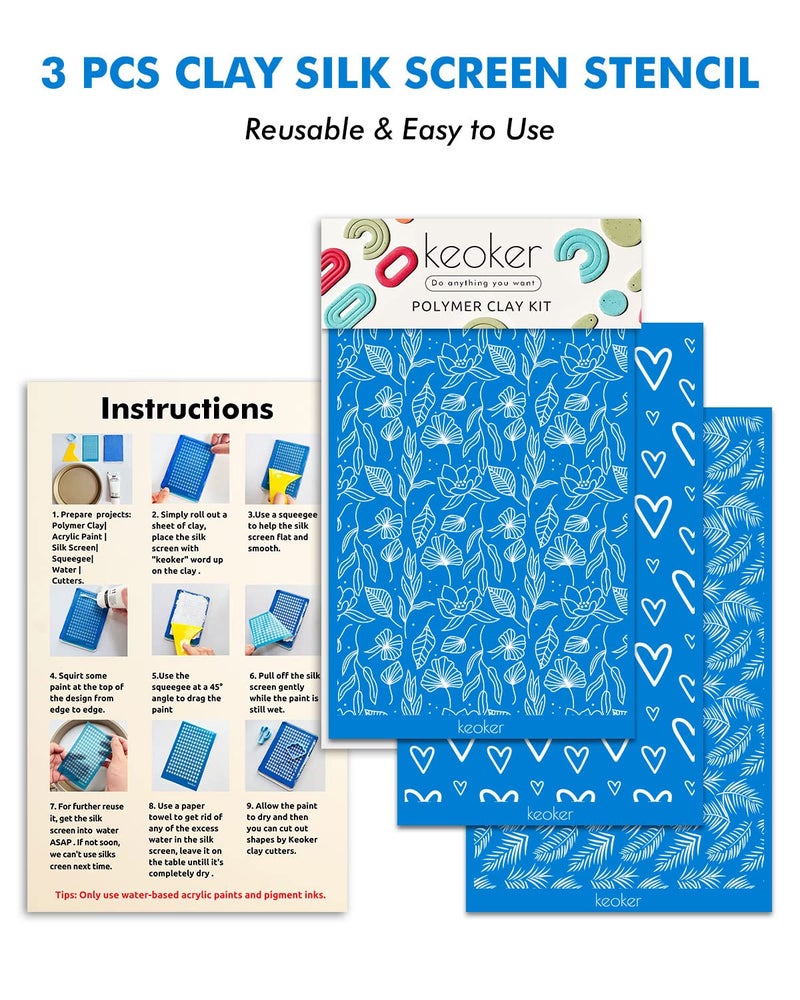 KEOKER Silk Screen Stencils for Polymer Clay, 3PCS Reusable Silkscreen Print Kit, for Printing on Clay & Other Jewelry Clay Earrings Decoration, Each 6" X 3.8" - Image 2