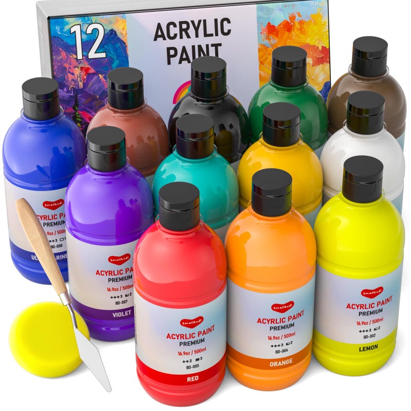 Smallbudi 12 Colors Large Acrylic Paint Set 169 oz500 ml Bulk Acrylic Paint NonToxic Art Painting Supplies on Multi Surface Canvas Wood Craft Fabric Rock for Artist Beginner with Color Wheel