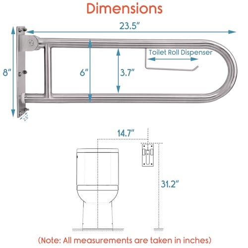 KosmoCare Heavy Duty SS304 Stainless Steel 25 mm Swing-up Toilet Grab Bar - 24 inches - Image 3