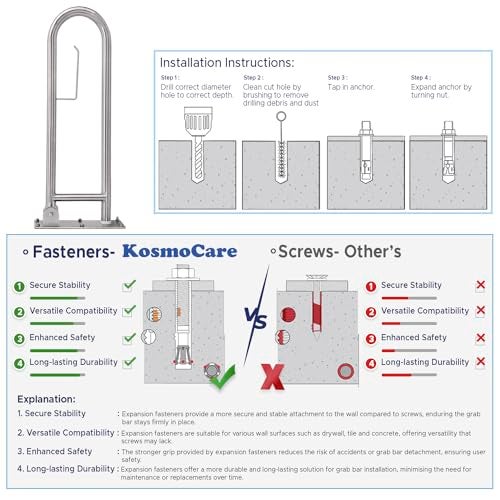 KosmoCare Heavy Duty SS304 Stainless Steel 25 mm Swing-up Toilet Grab Bar - 24 inches - Image 4