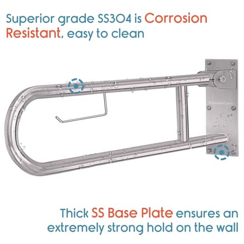 KosmoCare Heavy Duty SS304 Stainless Steel 25 mm Swing-up Toilet Grab Bar - 24 inches - Image 5