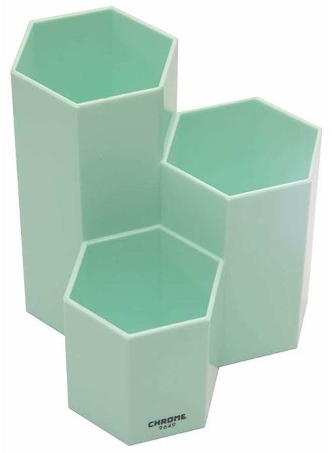 chrome 3 Compartments Hexa Hexagon Shape Plastic Pen Stand, Pencil Holder, Green for Office Work Desk - Image 2