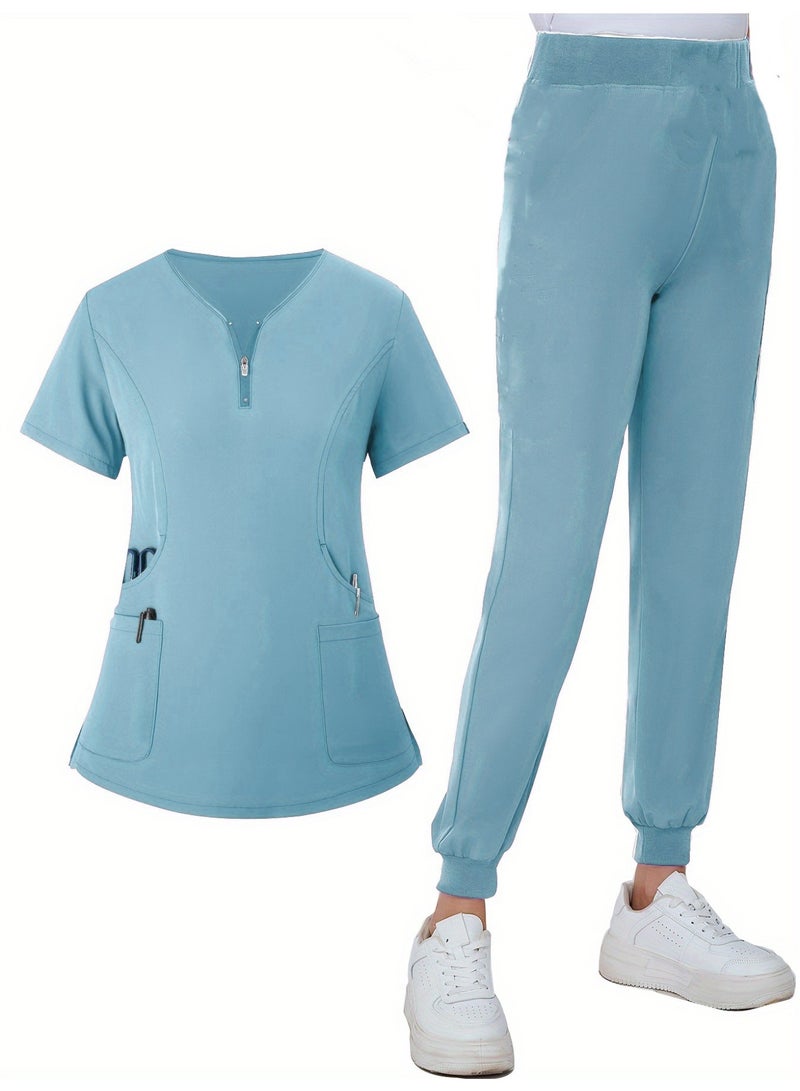Loquat Womens Men Medical Scrubs Set Medical Uniform Set Light Blue - Image 1