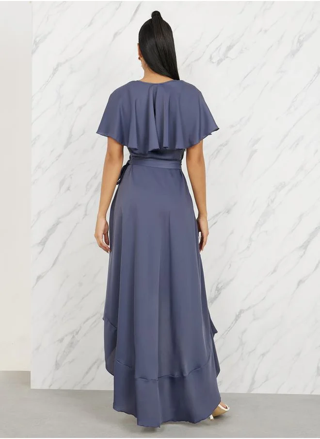 ستايلي Ruffle Cape Sleeves Asymmetric Hem Wrap Maxi Dress