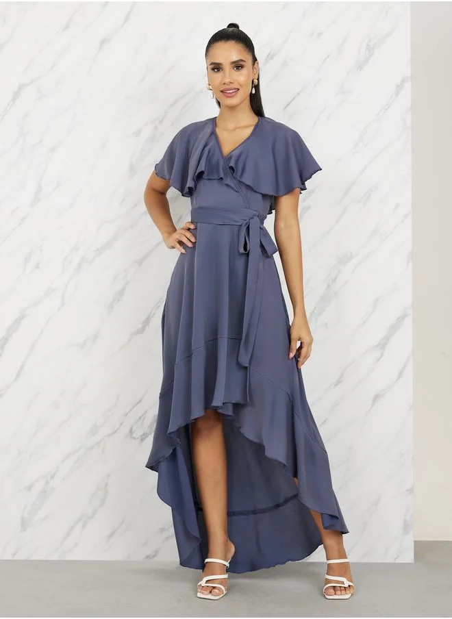 ستايلي Ruffle Cape Sleeves Asymmetric Hem Wrap Maxi Dress