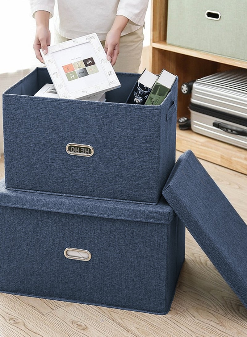 LOOPITYS Cotton Linen Folding Storage Boxes With Lids Decorate The Handle Storage Box With Lid Environmental Protection Durable Fabric Storage For Bedroom Living Room（Blue，58*40*35cm） - Image 2