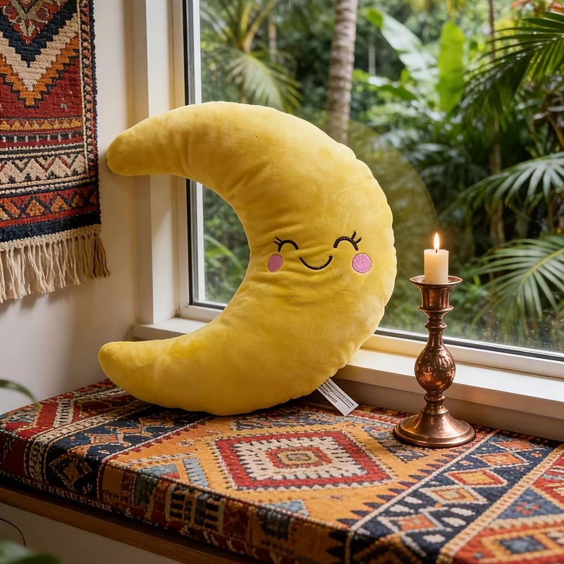 Smiling Moon Shaped Pillow Fluffy Yellow Crescent Cushion Moon 1 Pcs Modern Multicolor Moon Phase Bed Sofa Decor Machine Washable Soft Throw Pillow For Room Living Room Year Round Cozy Accent - Image 5