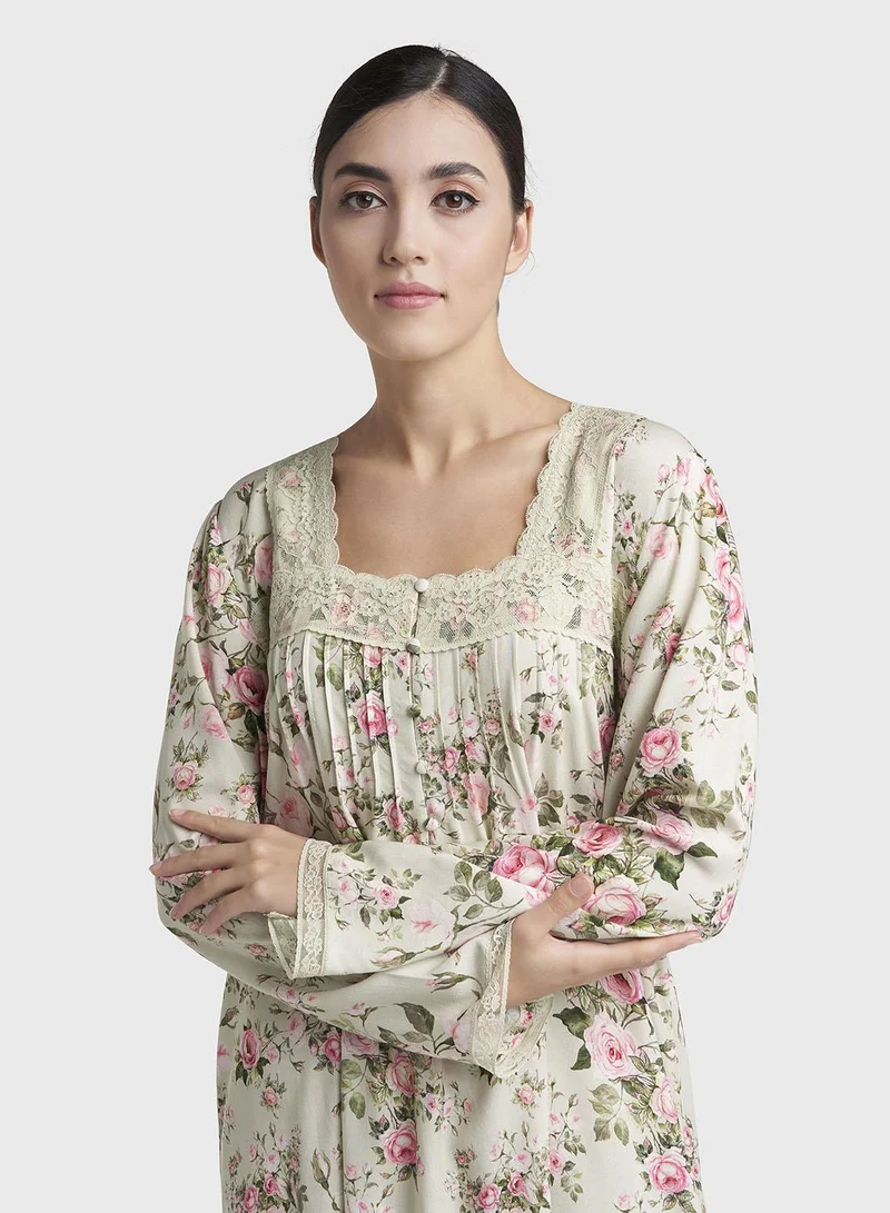 كشخة Seafoam Green Print Rayon Long Nightwear Dress (CNH500)