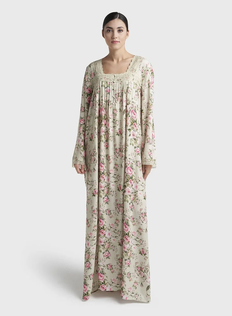 كشخة Seafoam Green Print Rayon Long Nightwear Dress (CNH500)