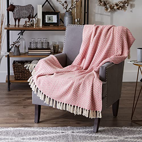 DII Modern Zig Zag Throw Blanket Woven Cotton, Hand-Knotted 2.5" Fringe, 50x60, Blush Pink - Image 5