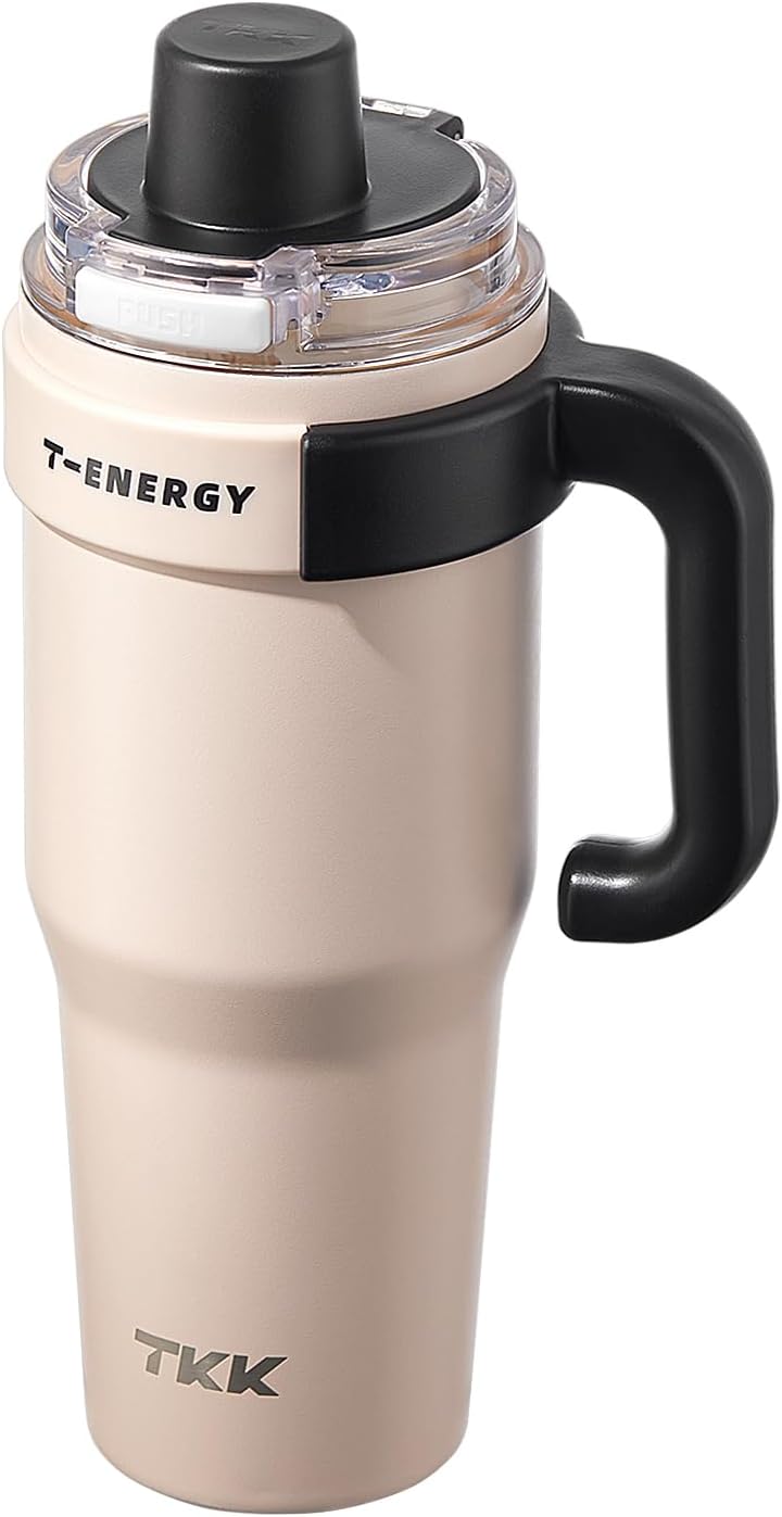 TKK 40 oz Insulated Tumblers with Handle and Straw, Stainless Steel Travel Mug with Ceramic Coating, Leak Proof Double Walled Iced Coffee Cup with Strainer for Hot & Cold Drinks, Pink - Image 1