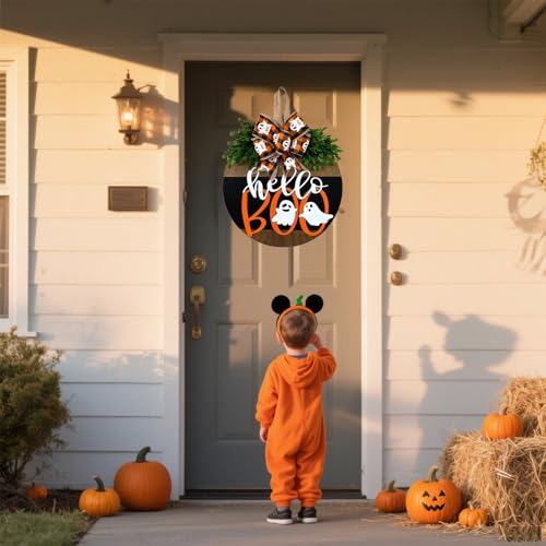 Wazoci Halloween Door Hanger Sign Decorations, Cute Ghost Welcome Wood Wreaths Decor for Front Door Farmhouse Porch Wall Decor Outdoor (Halloween Ghost) - Image 3