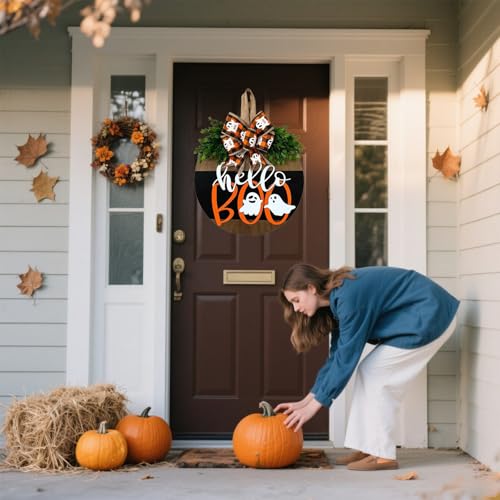 Wazoci Halloween Door Hanger Sign Decorations, Cute Ghost Welcome Wood Wreaths Decor for Front Door Farmhouse Porch Wall Decor Outdoor (Halloween Ghost) - Image 4