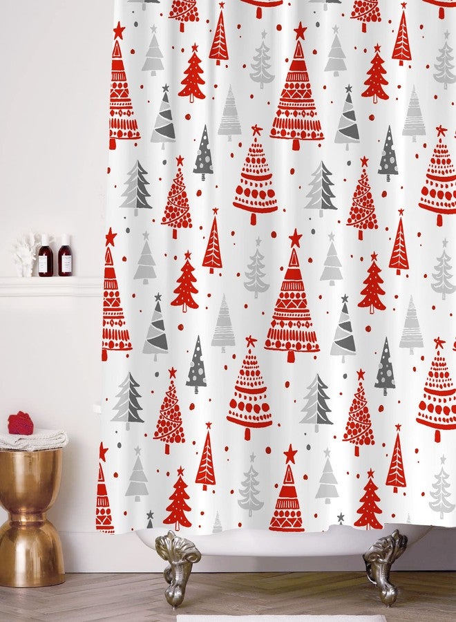 Sunlit Christmas Shower Curtain, Red and Gray Xmas Trees with Stars and Snow Pattern Shower Curtain for Bathroom Decor, 71x71 Inch - Image 2