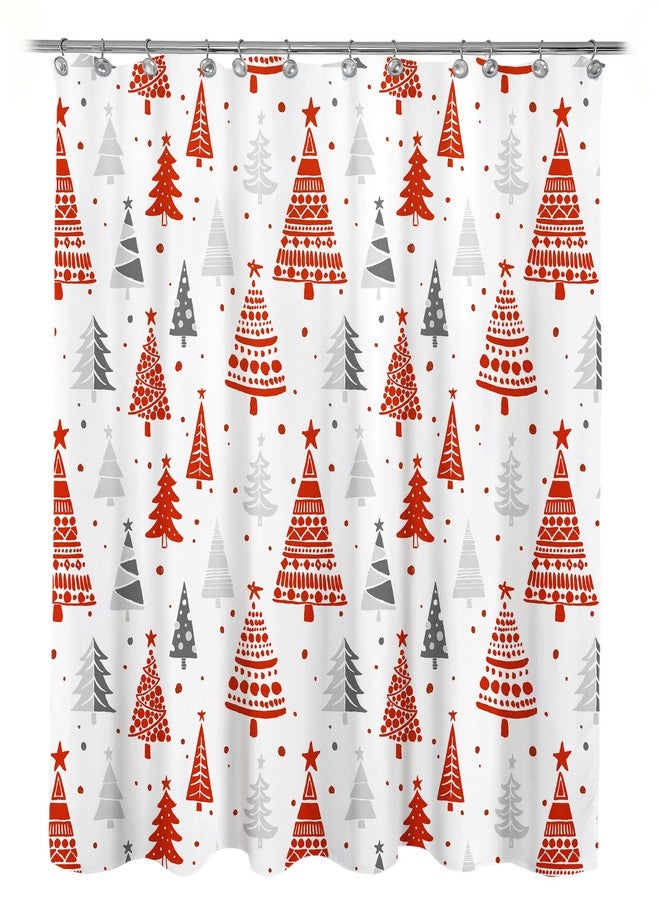 Sunlit Christmas Shower Curtain, Red and Gray Xmas Trees with Stars and Snow Pattern Shower Curtain for Bathroom Decor, 71x71 Inch - Image 1