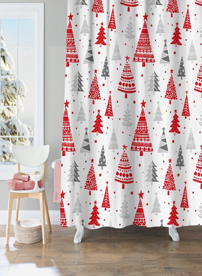 Sunlit Christmas Shower Curtain, Red and Gray Xmas Trees with Stars and Snow Pattern Shower Curtain for Bathroom Decor, 71x71 Inch - Image 3