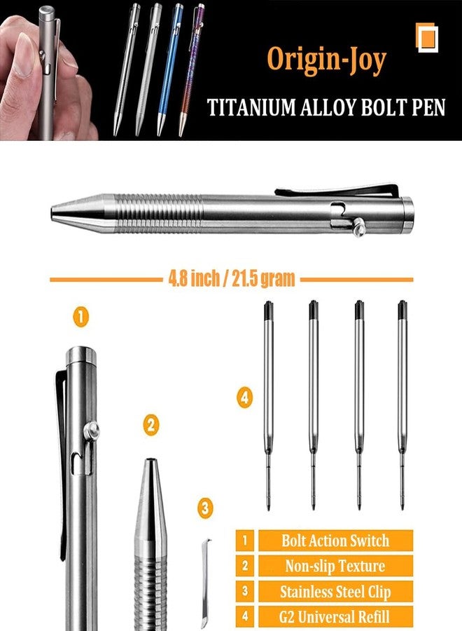 Origin-Joy Titanium Alloy Bolt Action Pen, Slim Lightweight EDC Pocket Tactical Pen With 5 Ballpoint Refills (Silver) - Image 2