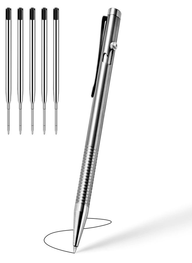 Origin-Joy Titanium Alloy Bolt Action Pen, Slim Lightweight EDC Pocket Tactical Pen With 5 Ballpoint Refills (Silver) - Image 1