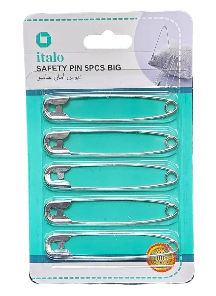 ITALO 5 Piece Safety Pins Big 8.5 Centimeter Metal Nickel Plated Steel  Clothing and Other Art and Craft Works  - Image 1