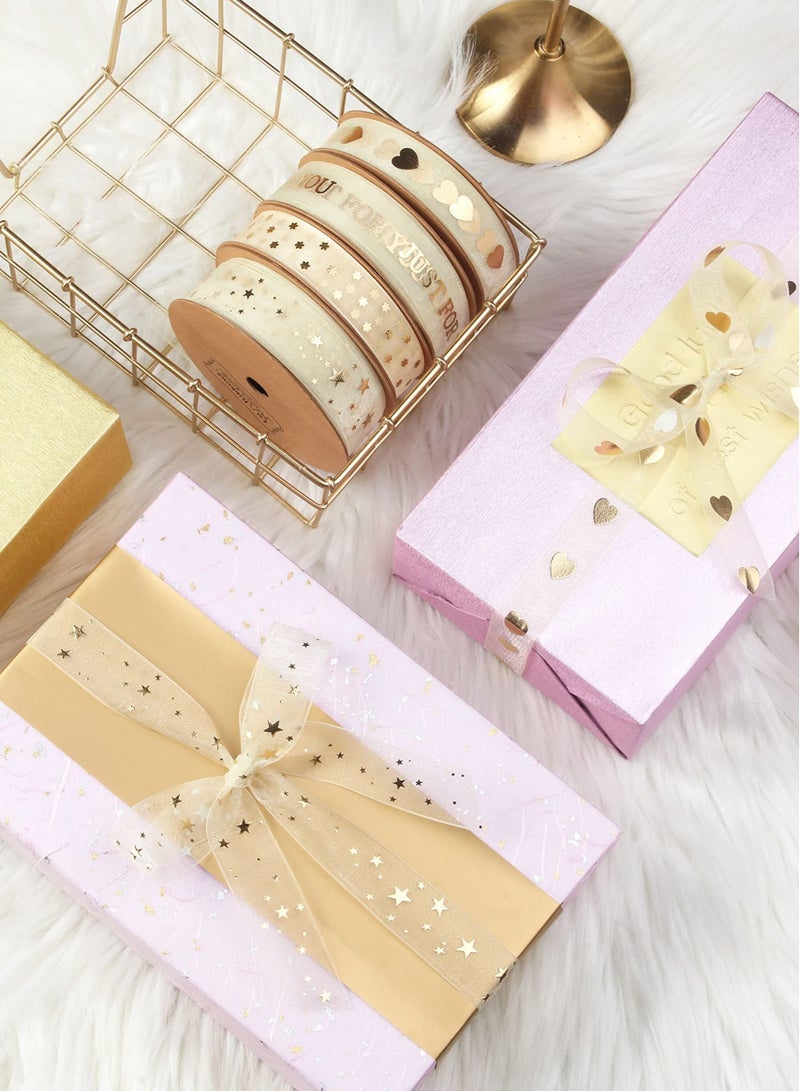 SYOSI Packaging Ribbon Gold Star Solid Color Gift Wrapping Ribbon DIY Cake Snow Yarn Ribbon Wedding Flowers Bow Decoration Suitable for Birthday Wedding Holiday Party Gift Wrapping Etc (Star-9m) - Image 4