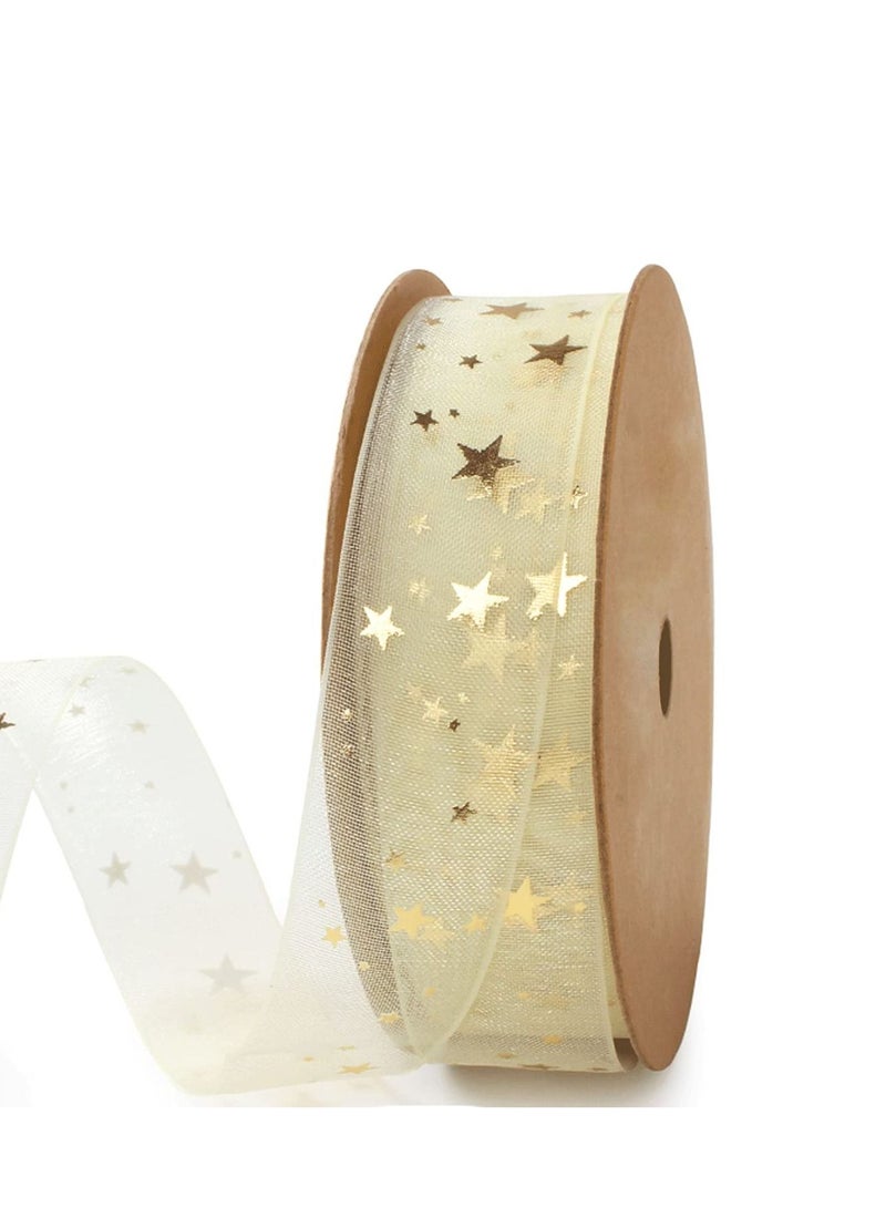 SYOSI Packaging Ribbon Gold Star Solid Color Gift Wrapping Ribbon DIY Cake Snow Yarn Ribbon Wedding Flowers Bow Decoration Suitable for Birthday Wedding Holiday Party Gift Wrapping Etc (Star-9m) - Image 1
