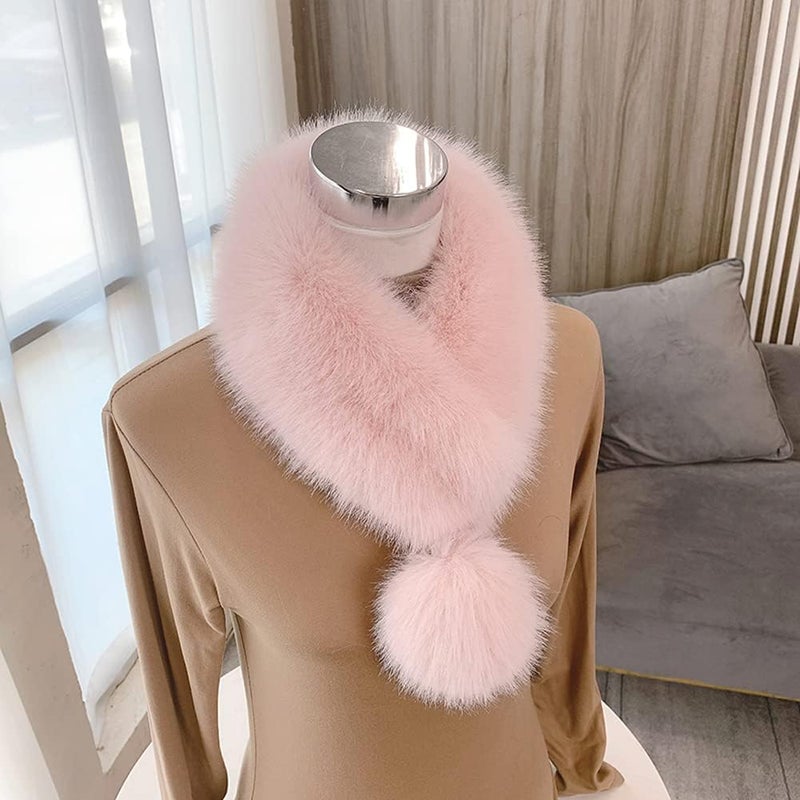 woobles Warm Plush Scarf  Fox Fur Collar Faux Fur Scarf Winter Thick Fur Collar Scarf Ribbon Ball Fur Collar for Matching Overcoat Sweater Jacket Holiday Gift Girl Warm Scarf - Image 4