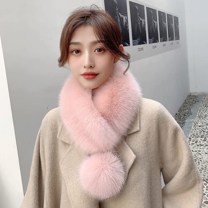 woobles Warm Plush Scarf  Fox Fur Collar Faux Fur Scarf Winter Thick Fur Collar Scarf Ribbon Ball Fur Collar for Matching Overcoat Sweater Jacket Holiday Gift Girl Warm Scarf - Image 3