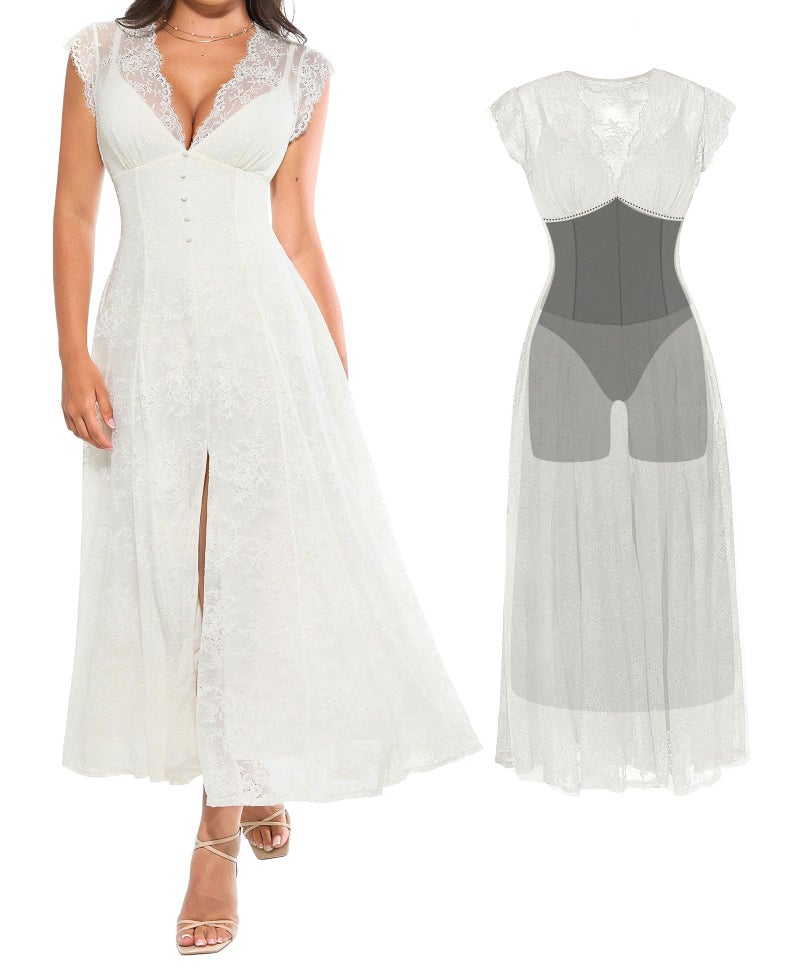 Popilush Wedding Dresses for Bride Lace Sleeveless V Neck Maxi Shapewear Dress Evening Split Beach Bride Dresses White - Image 1