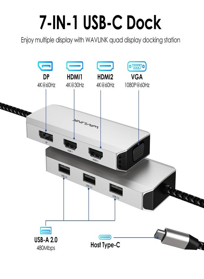WAVLINK USB C Docking Station for Windows Laptops, USB C to Dual HDMI Monitors, Dual HDMI, Displayport, VGA, 3 USB 2.0 Ports, Silver - Image 2