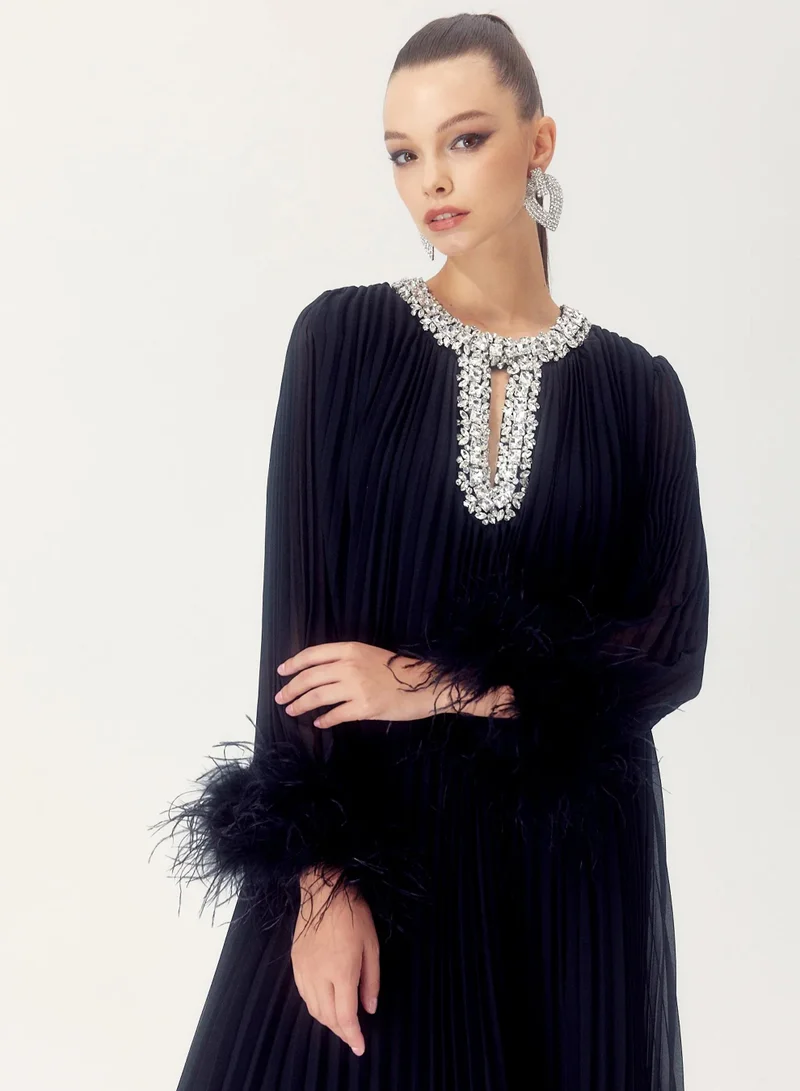 Sunfere Black Yvonne Diamante Feathered Pleated Maxi Chiffon Dress for Women | Best Price UAE