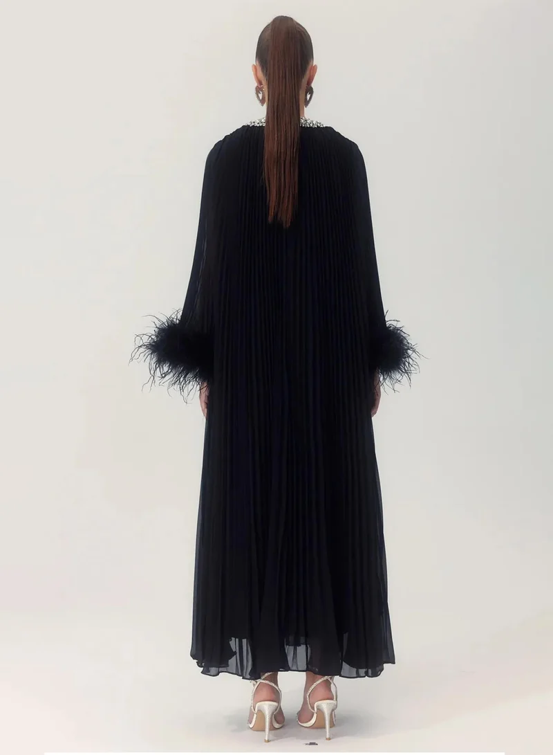Sunfere Black Yvonne Diamante Feathered Pleated Maxi Chiffon Dress for Women | Best Price UAE