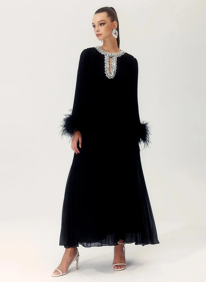 Sunfere Black Yvonne Diamante Feathered Pleated Maxi Chiffon Dress for Women | Best Price UAE