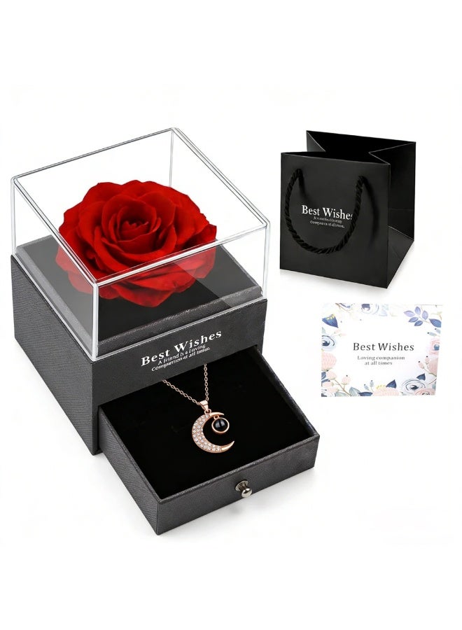مجموعة قلادة "أحبك" بـ 100 لغة مع الوردة الخالدة | علبة مجوهرات هدايا مع زهرة محفوظة للذكرى السنوية، الزفاف وعيد الميلاد - Image 1