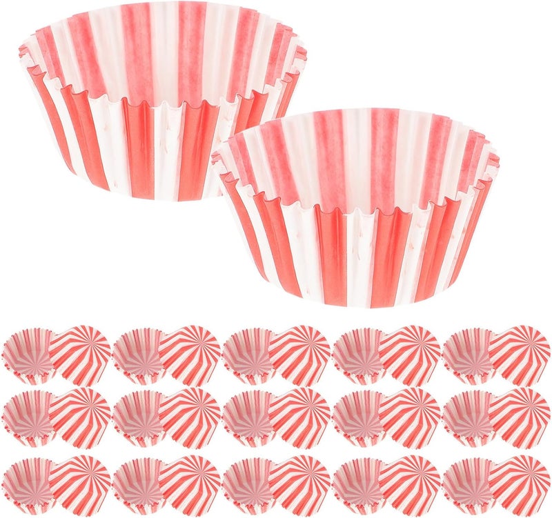 KICHOUSE 100pcs Red and White Stripes Muffin Cups Baking Cups Greaseproof Paper Cupcake Liners for Parties and Celebrations Medium Size High Temperature Resistant - Image 1