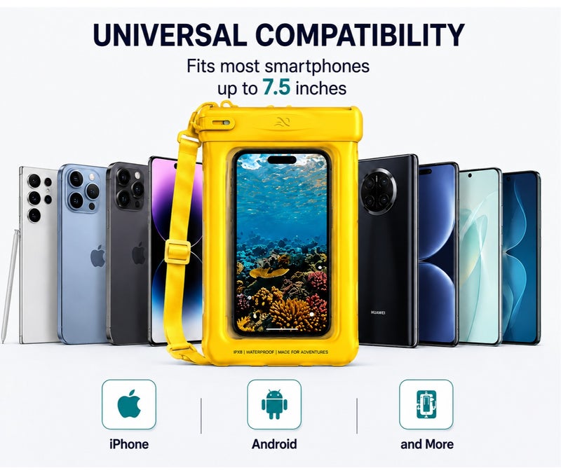 جراب بحر للموبايل عائم ضد الماء (حتى 7.5 بوصة) بشهادة IPX8 ضد مقاومه الماء  - حافظة هاتف وحقيبة جافة للغطس والسباحة تدعم اللمس والتصوير تحت الماء مع حزام للرقبة | كفر بحر أساسي لرحلات الصيف متوافق مع آيفون 17/16/15 برو ماكس& موبيلات الاندرويد - Image 5