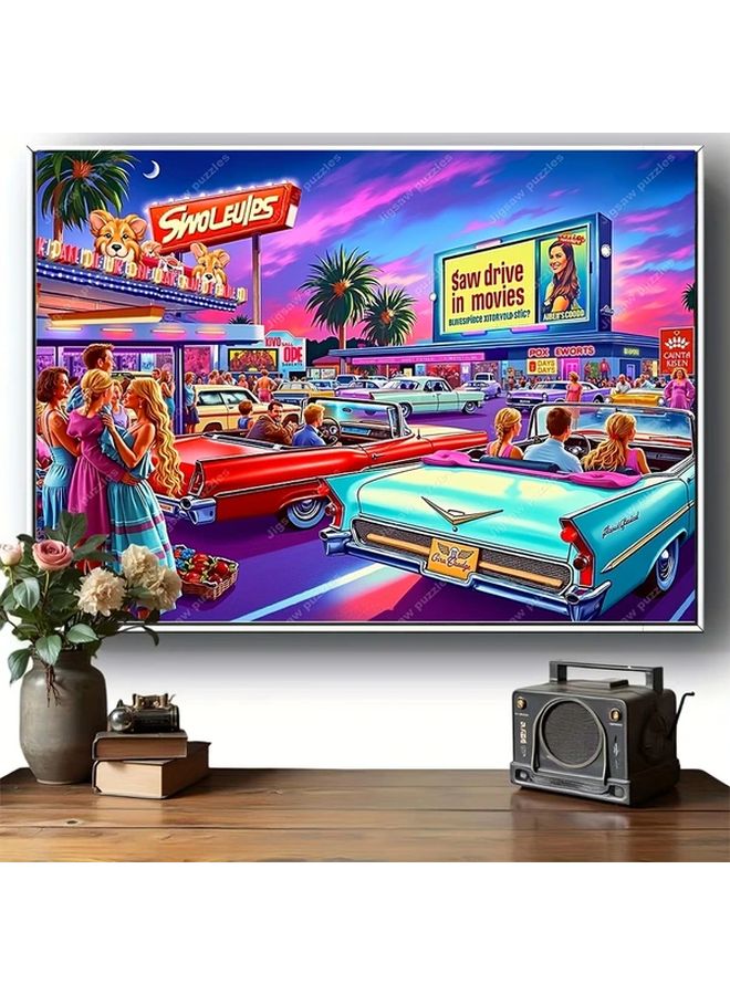 YF3243 2000 Pieces Extra Large Jigsaw Puzzle Vintage Drive In Movie Night Classic Cars - Image 2