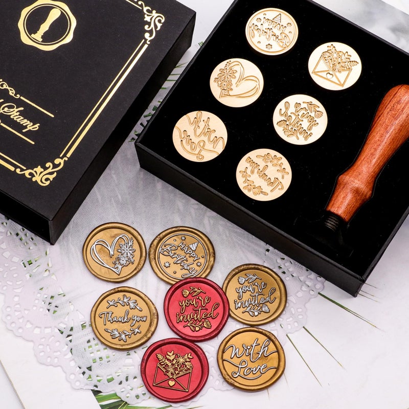 SWANGSA Blessing Wax Seal Stamp Gift Box Set, Vintage 6 Sealing Stamp Heads and 1 Wooden Hilt for Wedding, Party Invitations, Envelops, Christmas Cards and Gift (Phrases Kit) - Image 5