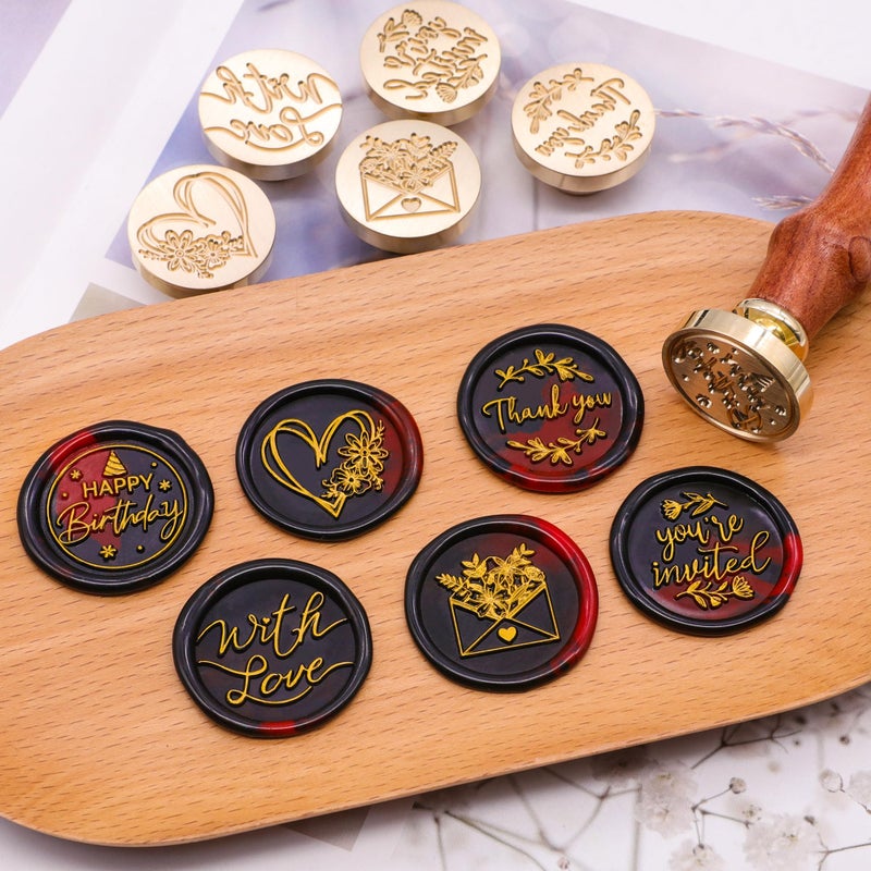SWANGSA Blessing Wax Seal Stamp Gift Box Set, Vintage 6 Sealing Stamp Heads and 1 Wooden Hilt for Wedding, Party Invitations, Envelops, Christmas Cards and Gift (Phrases Kit) - Image 4