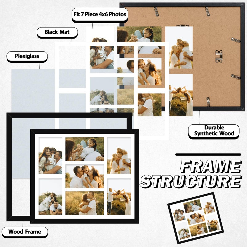 HEYTUYA 4x6 Picture Frame Collage for Wall, Display 7 Pcs 4x6 Photos with Mat or 12x14 Without Mat, 7 Opening Photo Frame for 4 x 6 Pictures with Shatter Resistant Plexiglass, White Mat, Black - Image 4