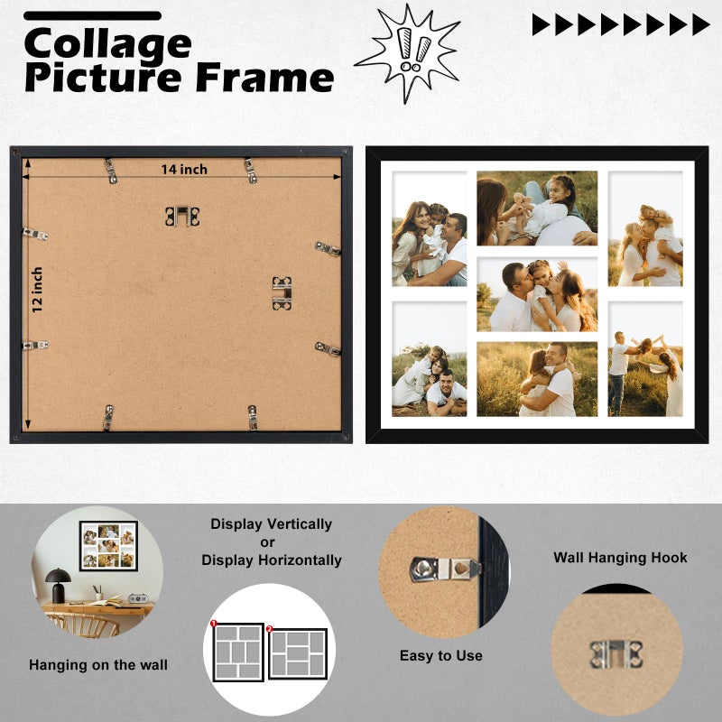 HEYTUYA 4x6 Picture Frame Collage for Wall, Display 7 Pcs 4x6 Photos with Mat or 12x14 Without Mat, 7 Opening Photo Frame for 4 x 6 Pictures with Shatter Resistant Plexiglass, White Mat, Black - Image 3