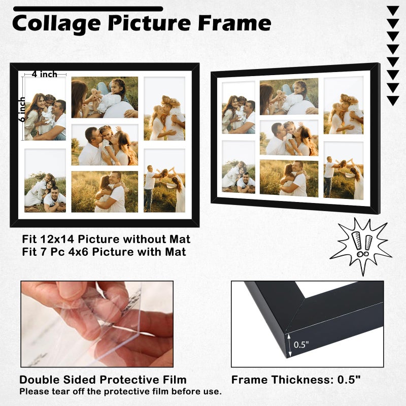 HEYTUYA 4x6 Picture Frame Collage for Wall, Display 7 Pcs 4x6 Photos with Mat or 12x14 Without Mat, 7 Opening Photo Frame for 4 x 6 Pictures with Shatter Resistant Plexiglass, White Mat, Black - Image 2