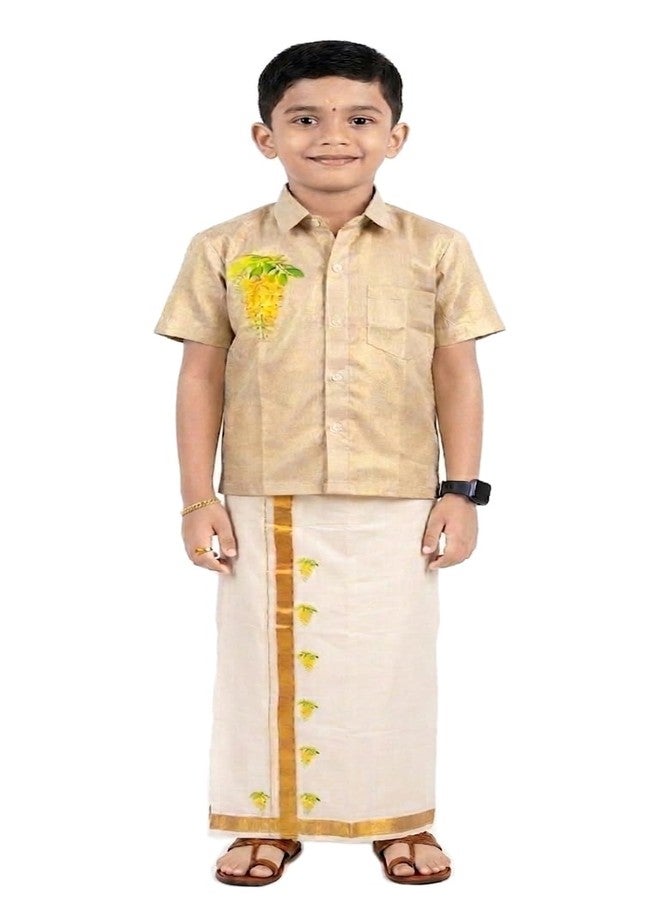 YETTALAN® Boys Gold Tissue Half Sleeve Print Shirt & Ready to Wear Cotton Dhoti Set | Kerala Traditional Ethnic Wear for Vishu Onam Festivals (Kanikonna Flower, 1-2 Years) - Image 1