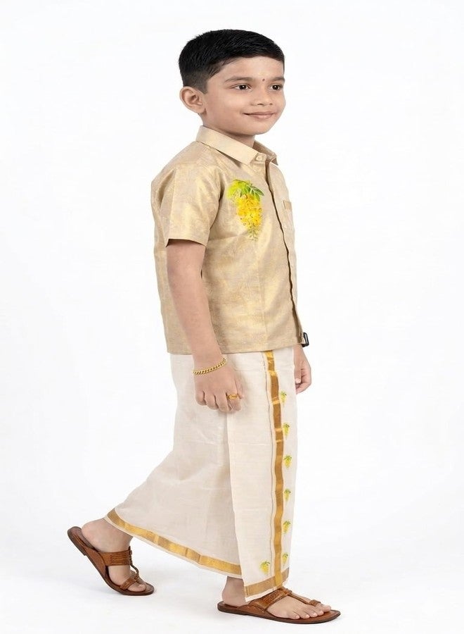 YETTALAN® Boys Gold Tissue Half Sleeve Print Shirt & Ready to Wear Cotton Dhoti Set | Kerala Traditional Ethnic Wear for Vishu Onam Festivals (Kanikonna Flower, 1-2 Years) - Image 5